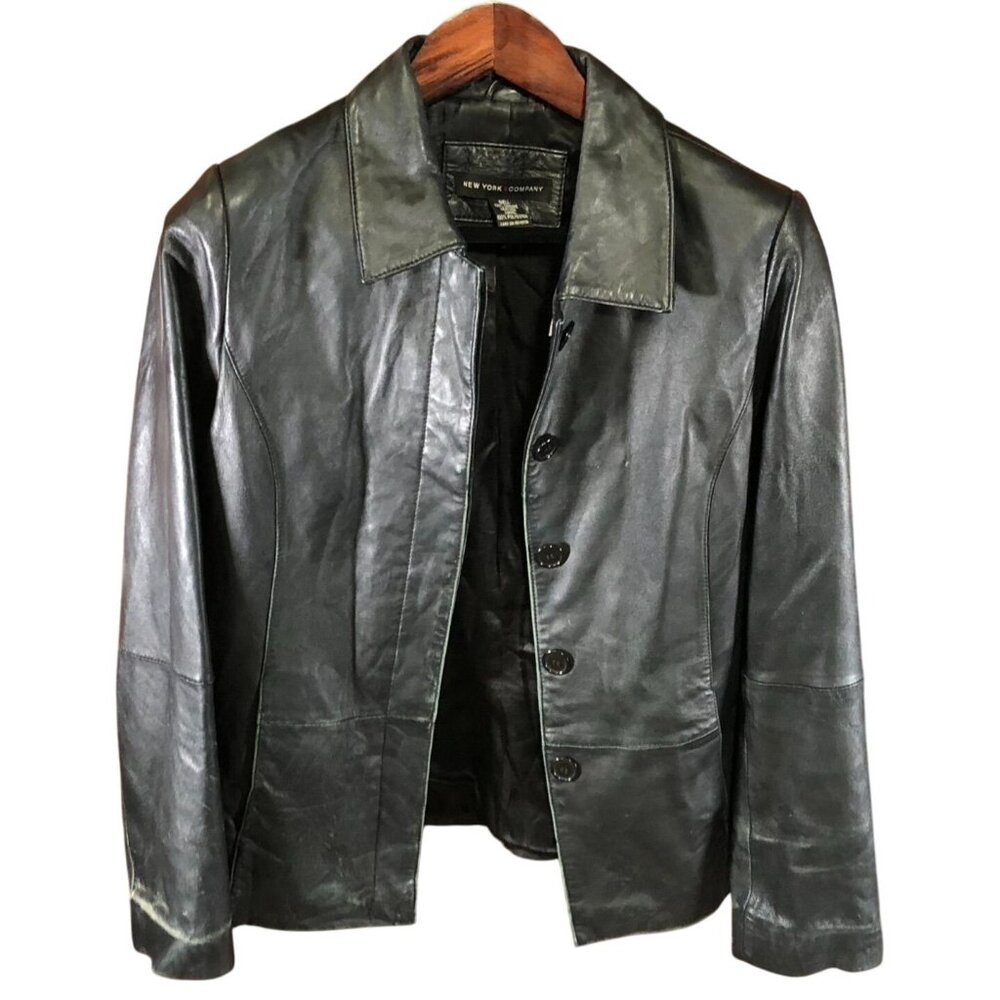 New York & Company Womens Genuine Leather Moto Jacket Medium Black Button Up